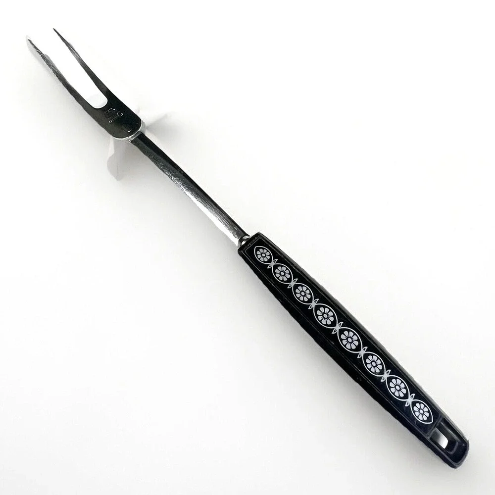 Vintage EKCO Stainless Steel Meat Carving Fork Black Floral Handle MCM‎ 12